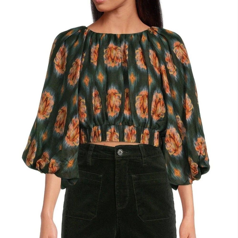 A love A  Printed Voile Crew Neck Bubble 3/4 Sleeves Cropped Top Size M